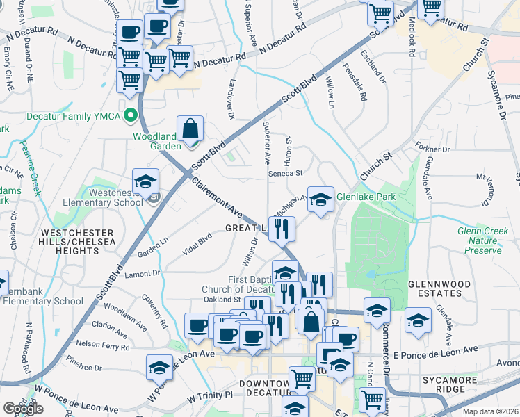 map of restaurants, bars, coffee shops, grocery stores, and more near 631 Clairemont Avenue in Decatur