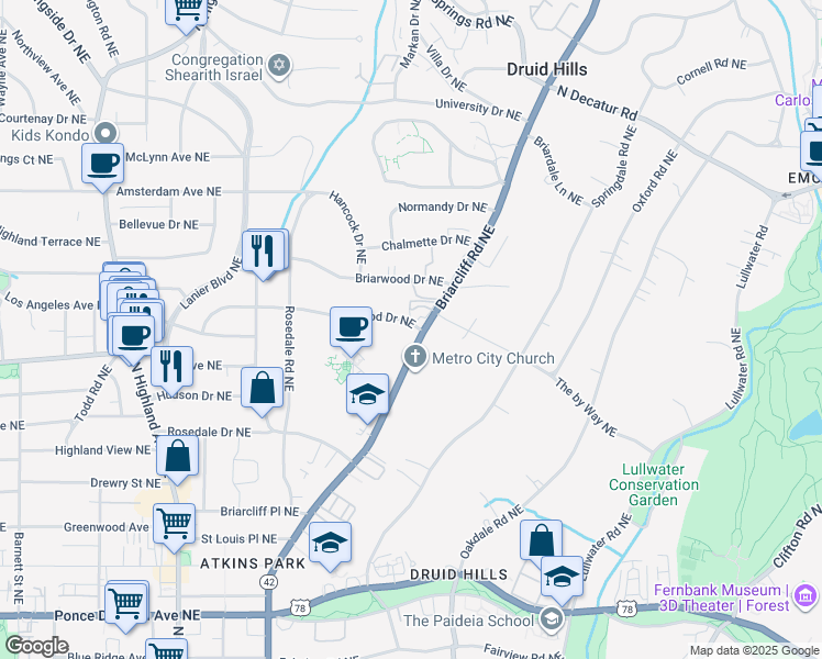 map of restaurants, bars, coffee shops, grocery stores, and more near 1333 Stillwood Drive Northeast in Atlanta