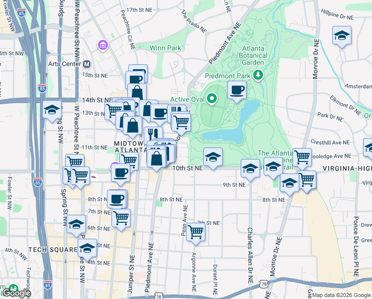 map of restaurants, bars, coffee shops, grocery stores, and more near 273 12th Street Northeast in Atlanta