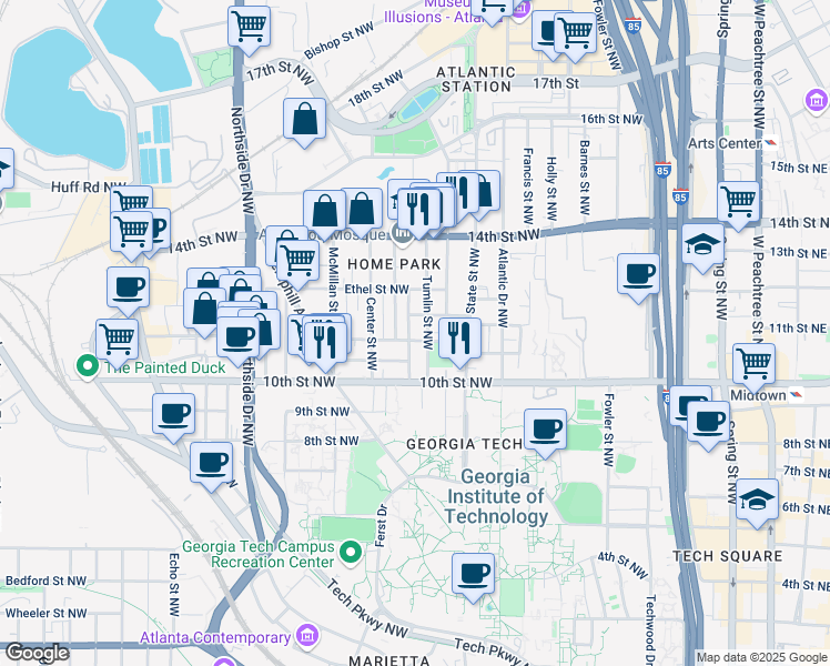 map of restaurants, bars, coffee shops, grocery stores, and more near 1033 Tumlin Street Northwest in Atlanta