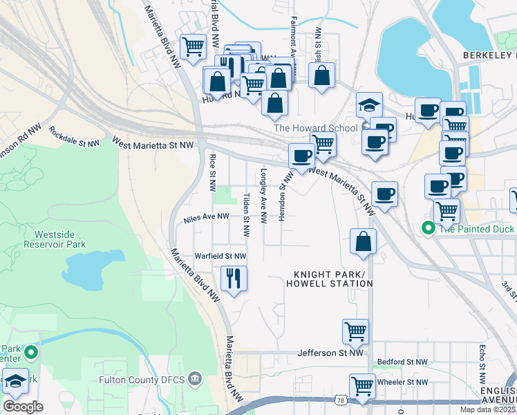 map of restaurants, bars, coffee shops, grocery stores, and more near 1017 Tilden Street Northwest in Atlanta