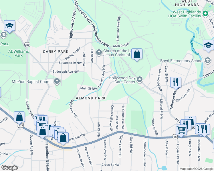 map of restaurants, bars, coffee shops, grocery stores, and more near 1038 Ada Avenue Northwest in Atlanta