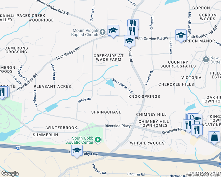 map of restaurants, bars, coffee shops, grocery stores, and more near 6994 Oneil Court in Austell