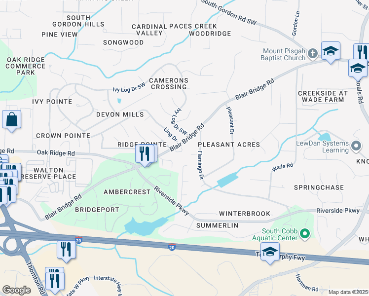 map of restaurants, bars, coffee shops, grocery stores, and more near 1209 Blairs Pointe Drive Southwest in Austell