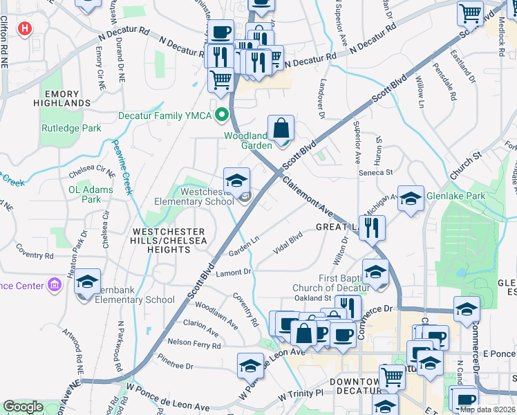 map of restaurants, bars, coffee shops, grocery stores, and more near 2 Westchester Square in Decatur