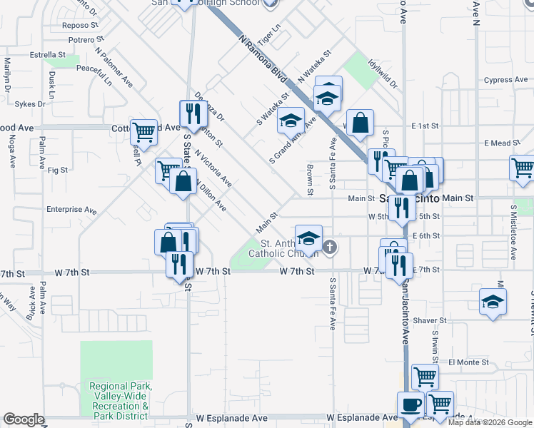 map of restaurants, bars, coffee shops, grocery stores, and more near 563 West Main Street in San Jacinto
