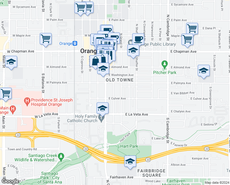 map of restaurants, bars, coffee shops, grocery stores, and more near 363 South Orange Street in Orange