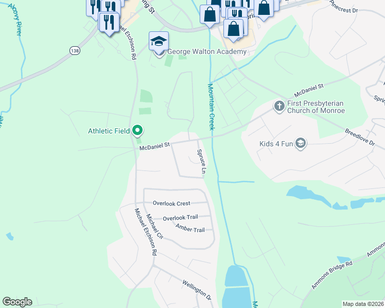 map of restaurants, bars, coffee shops, grocery stores, and more near 110 Sycamore Court in Monroe