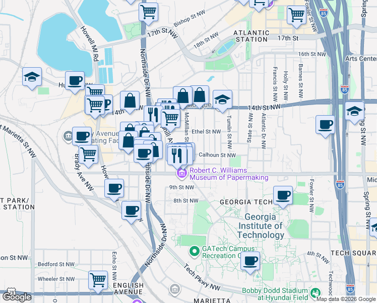 map of restaurants, bars, coffee shops, grocery stores, and more near 499 Calhoun Street Northwest in Atlanta