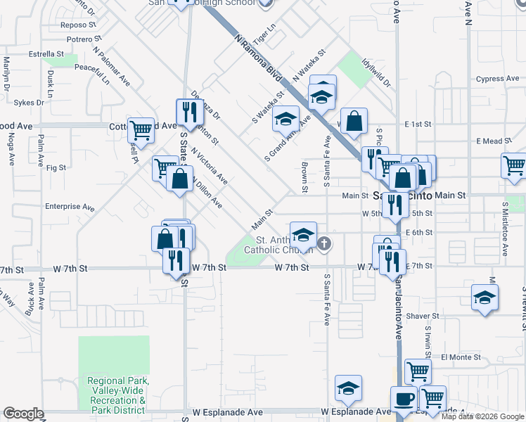 map of restaurants, bars, coffee shops, grocery stores, and more near 563 West Main Street in San Jacinto