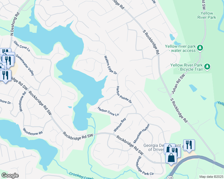 map of restaurants, bars, coffee shops, grocery stores, and more near 7411 Bayside Trail in Stone Mountain
