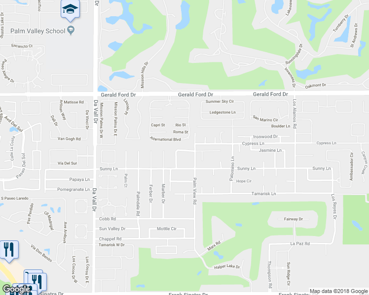 map of restaurants, bars, coffee shops, grocery stores, and more near 70442 Verlaine Drive in Rancho Mirage