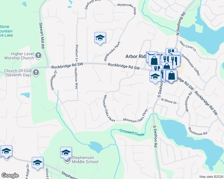 map of restaurants, bars, coffee shops, grocery stores, and more near 567 Mountain Oaks Parkway in Stone Mountain