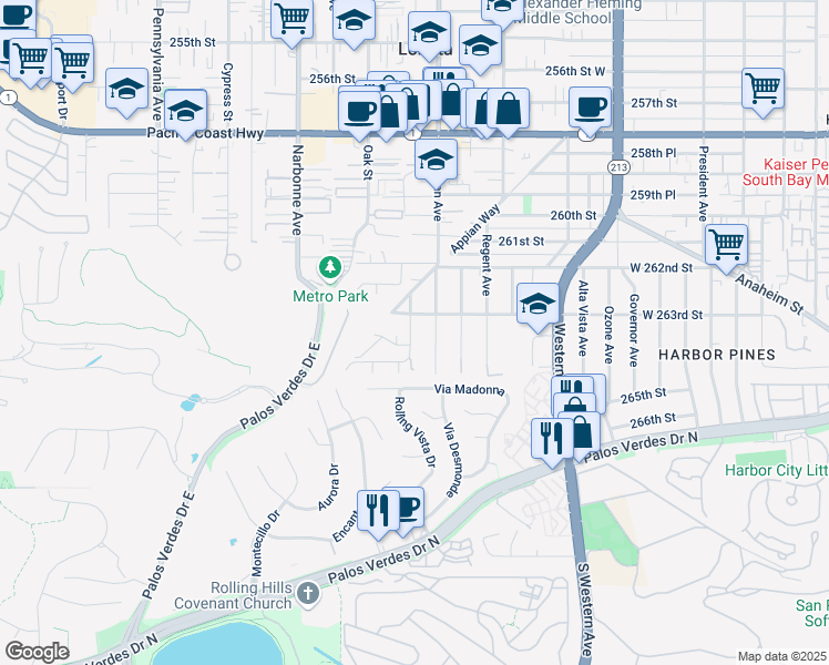 map of restaurants, bars, coffee shops, grocery stores, and more near 26316 Fairview Avenue in Lomita