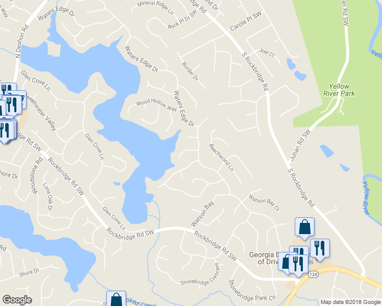 map of restaurants, bars, coffee shops, grocery stores, and more near 7411 Bayside Trail in Stone Mountain