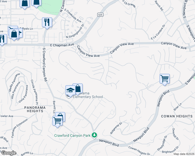 map of restaurants, bars, coffee shops, grocery stores, and more near 6213 East West View Drive in Orange