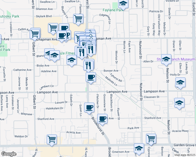 map of restaurants, bars, coffee shops, grocery stores, and more near 10075 Hidden Village Road in Garden Grove