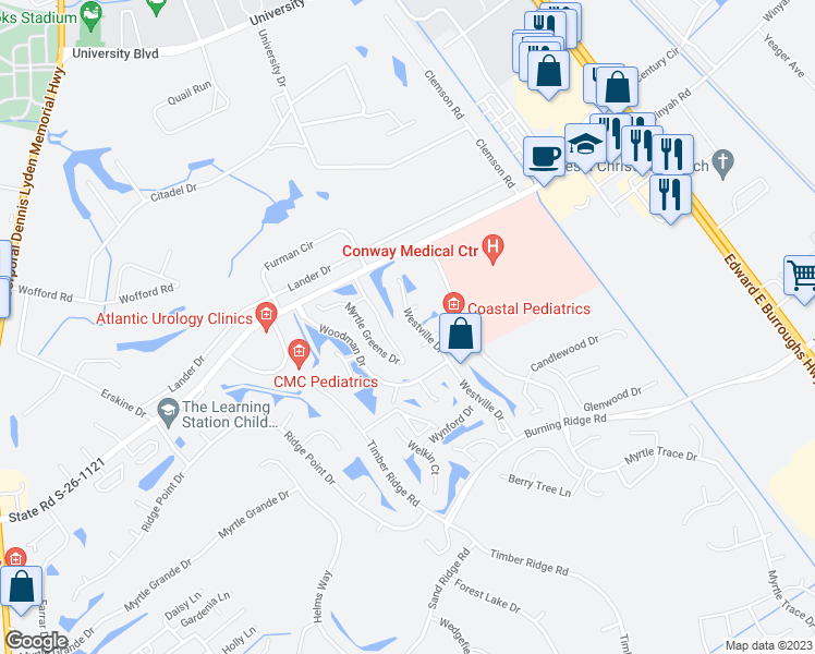 map of restaurants, bars, coffee shops, grocery stores, and more near 179 Westville Drive in Conway