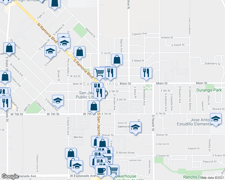map of restaurants, bars, coffee shops, grocery stores, and more near 482 South Jordan Avenue in San Jacinto