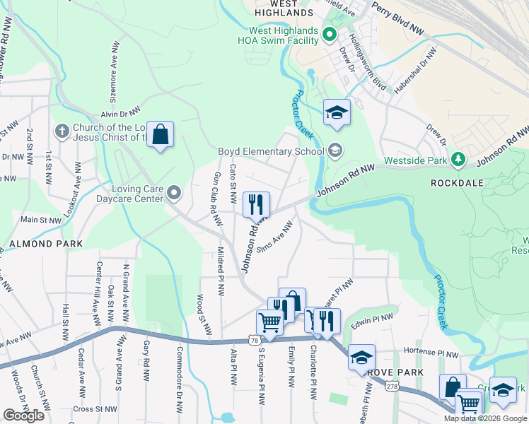 map of restaurants, bars, coffee shops, grocery stores, and more near 61 Johnson Road Northwest in Atlanta
