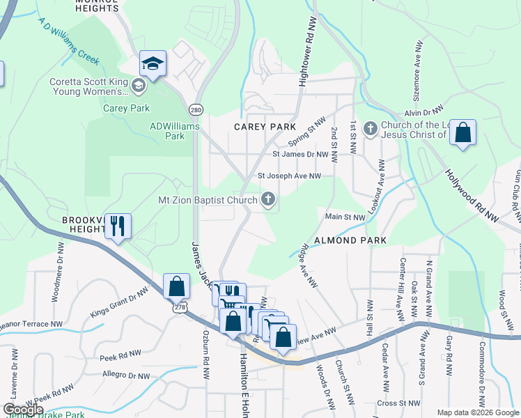 map of restaurants, bars, coffee shops, grocery stores, and more near 2589 James Drive Northwest in Atlanta