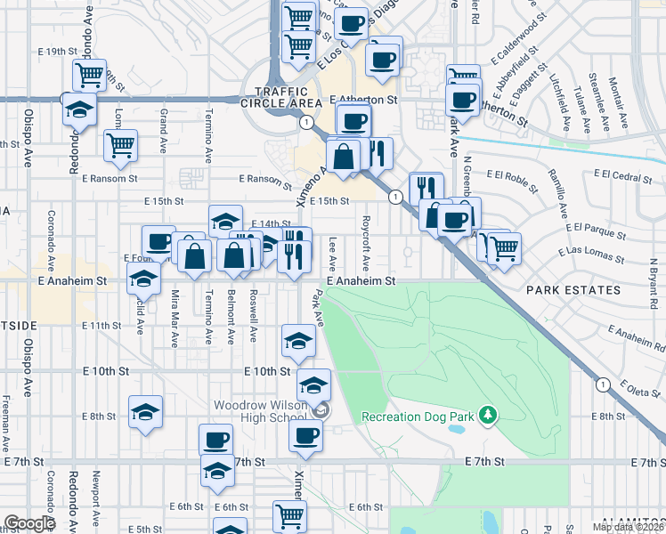map of restaurants, bars, coffee shops, grocery stores, and more near Lee Avenue in Long Beach