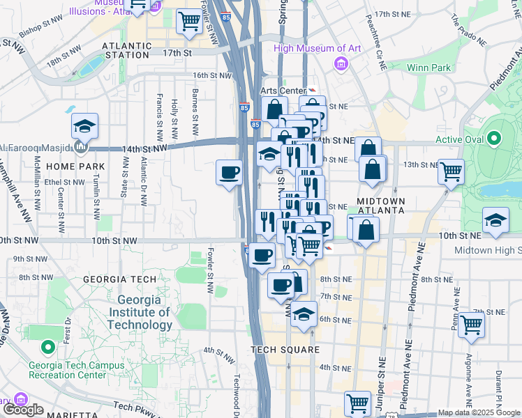 map of restaurants, bars, coffee shops, grocery stores, and more near 2001 Williams Street Northwest in Atlanta
