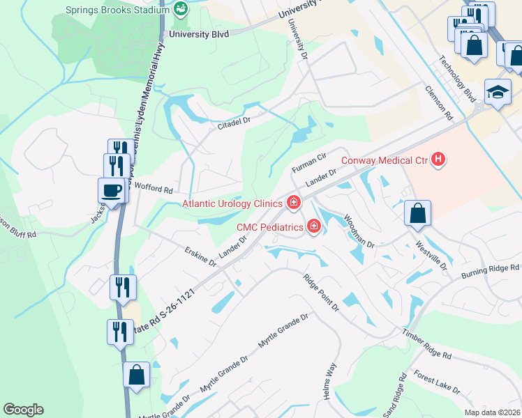 map of restaurants, bars, coffee shops, grocery stores, and more near 212 Lander Drive in Conway