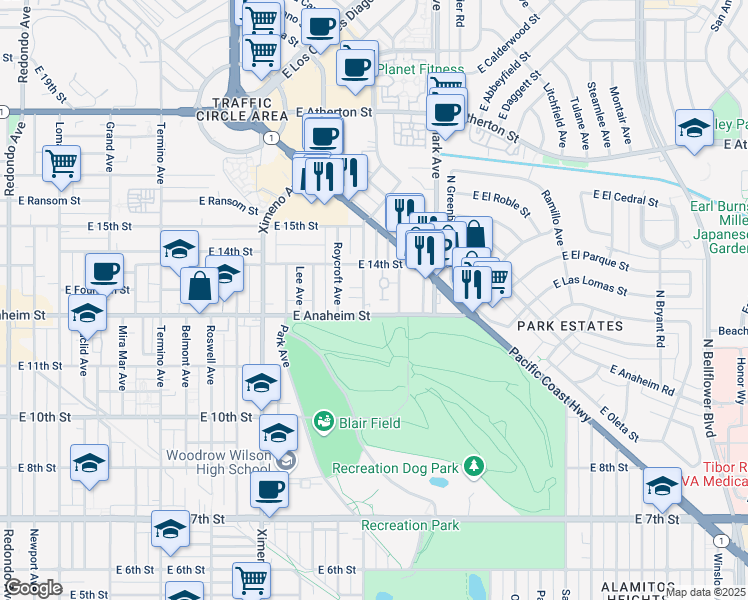 map of restaurants, bars, coffee shops, grocery stores, and more near 1326 Park Avenue in Long Beach