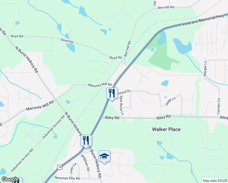 map of restaurants, bars, coffee shops, grocery stores, and more near 11423 Veterans Memorial Highway in Douglasville