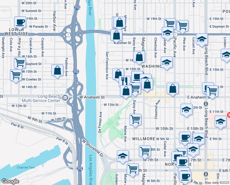 map of restaurants, bars, coffee shops, grocery stores, and more near 705 West Anaheim Street in Long Beach