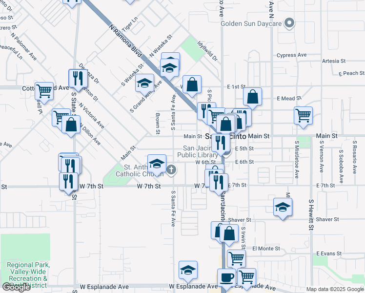 map of restaurants, bars, coffee shops, grocery stores, and more near 361 West 5th Street in San Jacinto