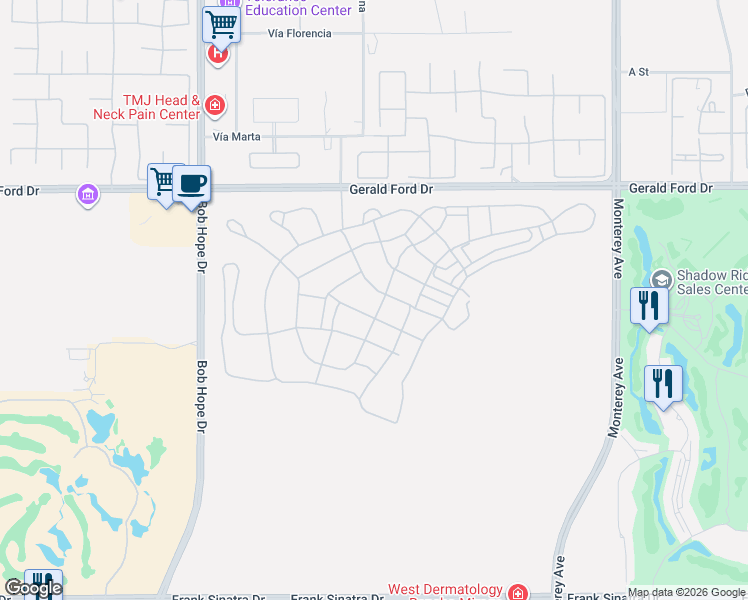 map of restaurants, bars, coffee shops, grocery stores, and more near 21 Brilliance Avenue in Rancho Mirage