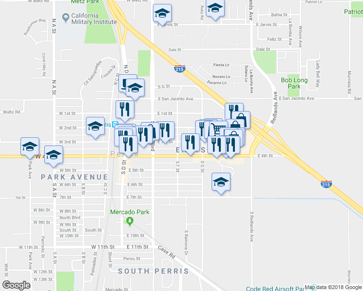 map of restaurants, bars, coffee shops, grocery stores, and more near 309 East 3rd Street in Perris