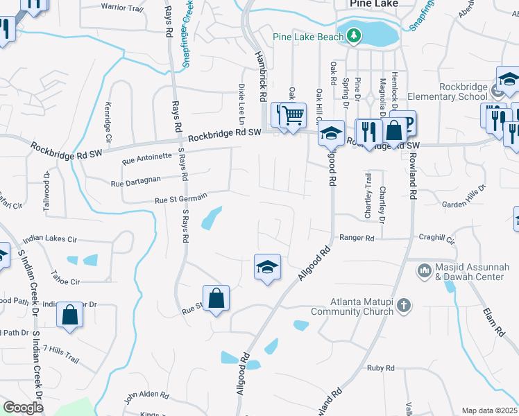 map of restaurants, bars, coffee shops, grocery stores, and more near 669 Woodcrest Manor Drive in Stone Mountain