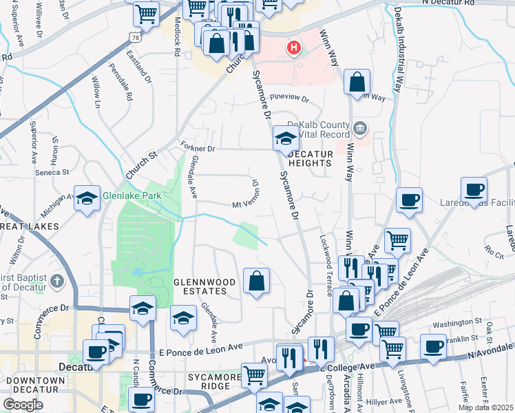map of restaurants, bars, coffee shops, grocery stores, and more near 163 Mount Vernon Drive in Decatur