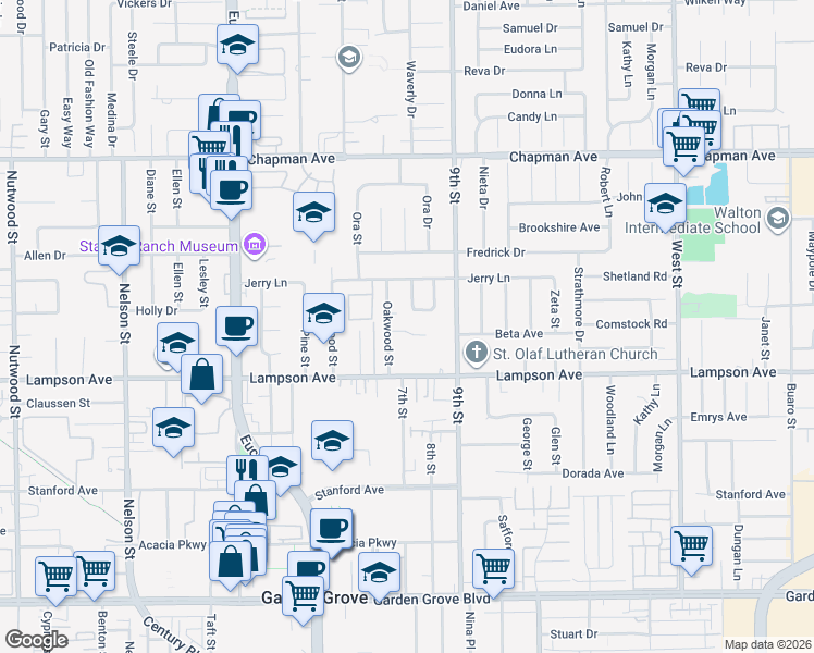 map of restaurants, bars, coffee shops, grocery stores, and more near 11361 Midwick Place in Garden Grove