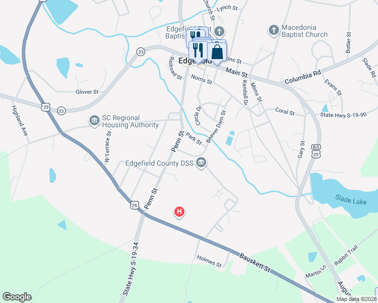 map of restaurants, bars, coffee shops, grocery stores, and more near 1310 Hillcrest Street in Edgefield