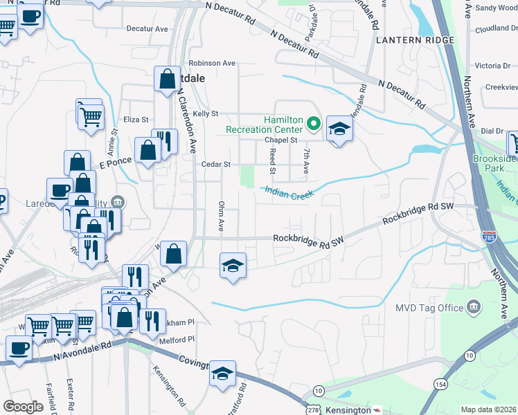 map of restaurants, bars, coffee shops, grocery stores, and more near 3087 Bay Street in Scottdale