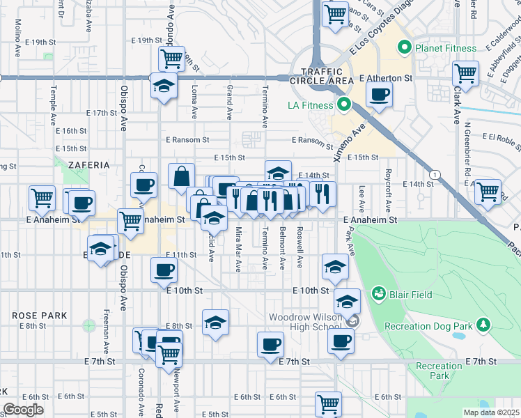 map of restaurants, bars, coffee shops, grocery stores, and more near 1315 Termino Avenue in Long Beach