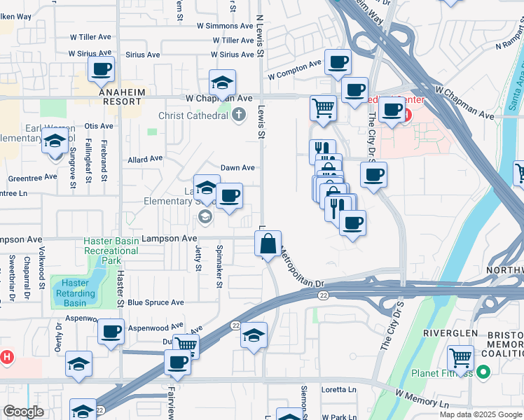 map of restaurants, bars, coffee shops, grocery stores, and more near 12391 South Lewis Street in Garden Grove