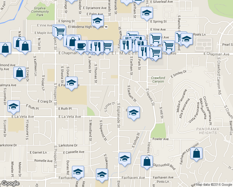 map of restaurants, bars, coffee shops, grocery stores, and more near 353 South Heatherstone Street in Orange