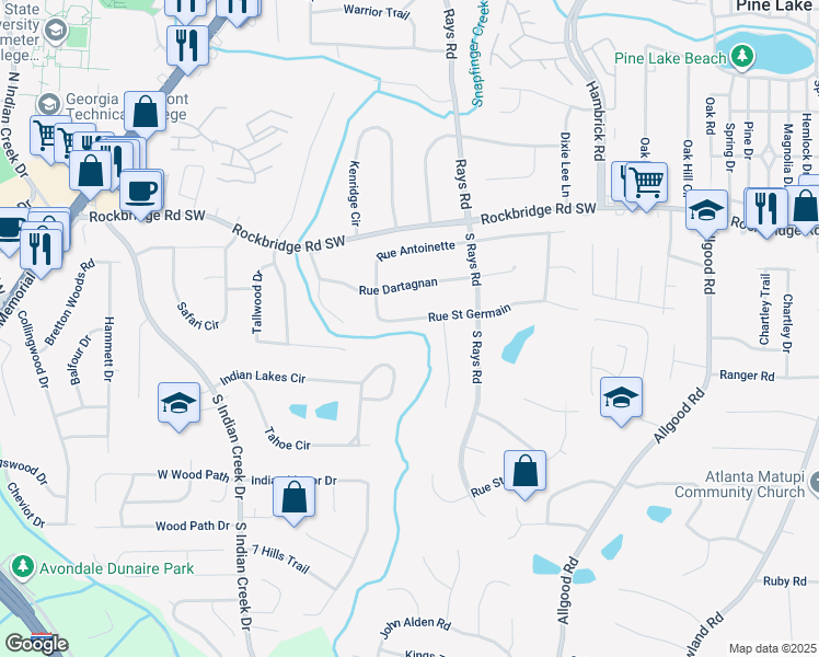map of restaurants, bars, coffee shops, grocery stores, and more near 4129 Rue Saint Germain in Stone Mountain