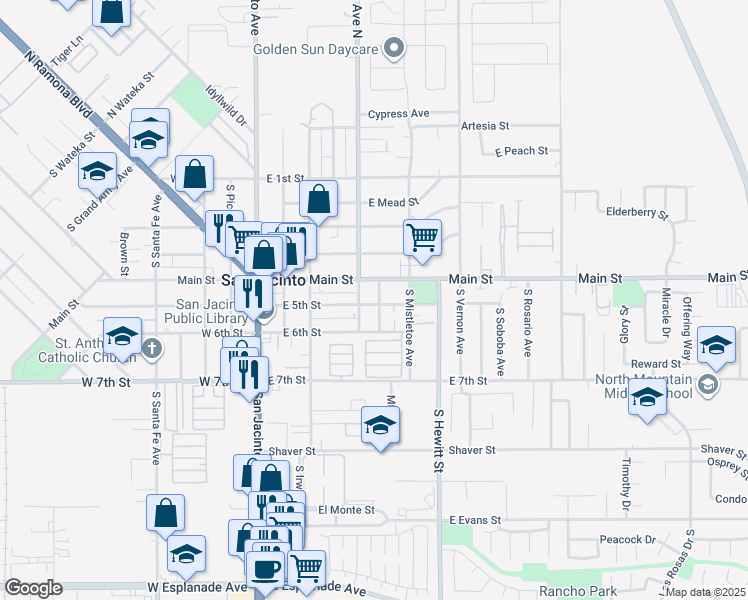 map of restaurants, bars, coffee shops, grocery stores, and more near 435 East 5th Street in San Jacinto