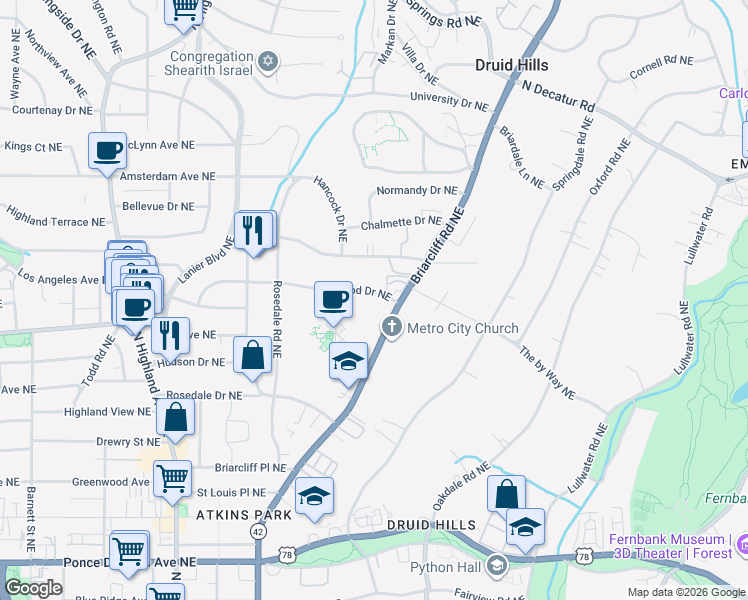 map of restaurants, bars, coffee shops, grocery stores, and more near 1333 Stillwood Drive Northeast in Atlanta