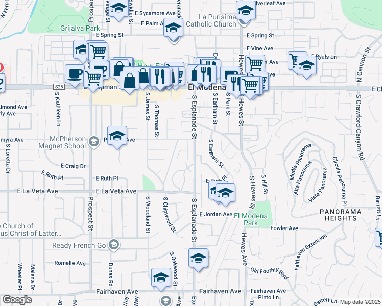 map of restaurants, bars, coffee shops, grocery stores, and more near 353 South Heatherstone Street in Orange