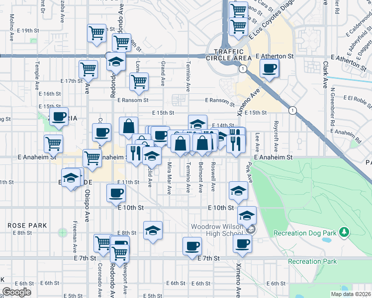 map of restaurants, bars, coffee shops, grocery stores, and more near 1315 Termino Avenue in Long Beach