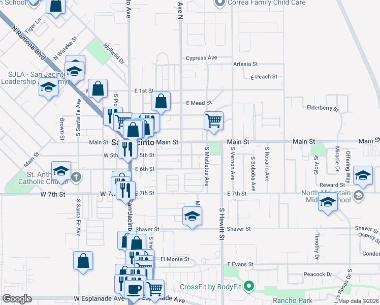 map of restaurants, bars, coffee shops, grocery stores, and more near 435 East 5th Street in San Jacinto