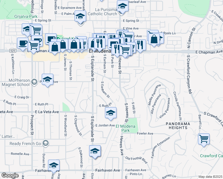 map of restaurants, bars, coffee shops, grocery stores, and more near 4344 East Constitution Avenue in Orange