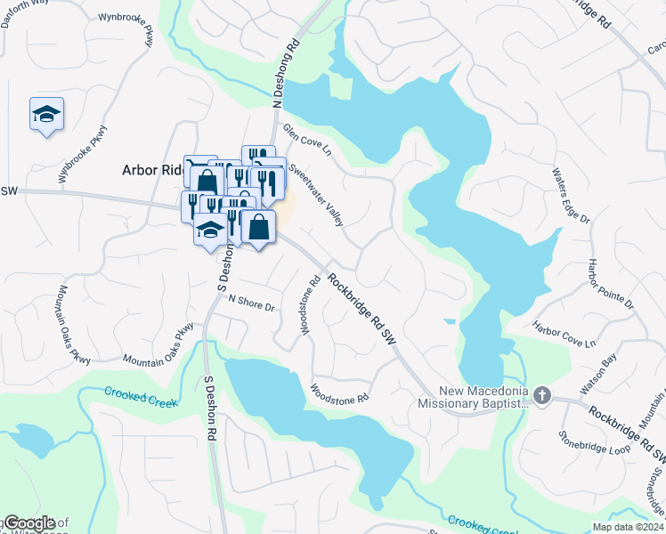map of restaurants, bars, coffee shops, grocery stores, and more near 7241 Lake Crossing in Stone Mountain